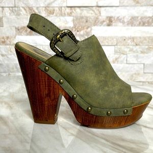 Guess G Stripe Women’s Chunky Open Toe Clog Mules Platform Wedge Heels